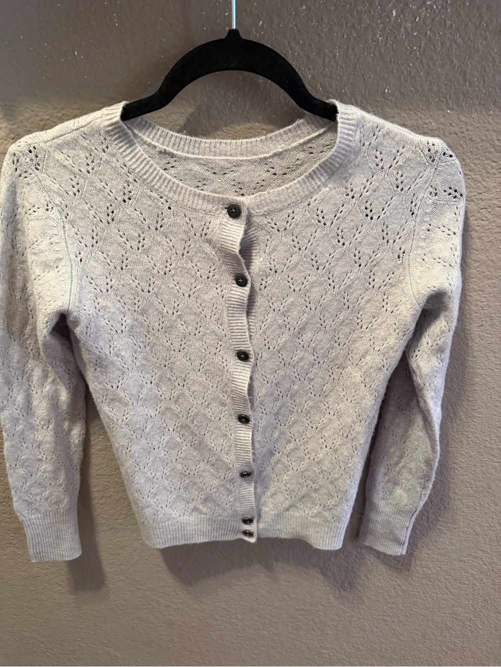 Anthropologie Petite Light Gray Pointelle Cardigan Fitted Cropped Knit Small